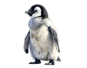 Obraz premium Fluffy Penguin Chick Standing Upright on White Background