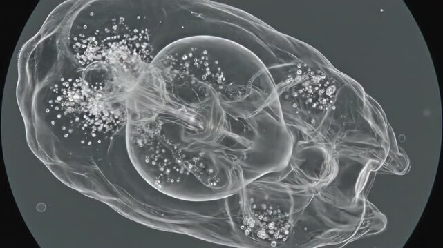 Detailed microscopic view of a transparent protist under microscope, showcasing internal organelles and granular structures, a fascinating glimpse into single-celled life and biological research