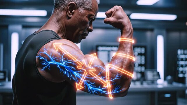 Muscular black man flexing bionic arm with electric blue and orange energy overlays in futuristic laboratory, showcasing cybernetic implant testing, illuminated veins, focused expression,