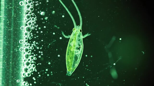 Detailed microscopic view of a vibrant green protist under microscope, showcasing its unique elongated body, two prominent cilia, and internal structures, surrounded by tiny bubbles and particles