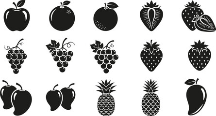 Fruit silhouette vector illustration set, apples oranges strawberries grapes pineapple mango banana icons, fresh organic healthy food symbols collection, black minimal design © Sarsoti