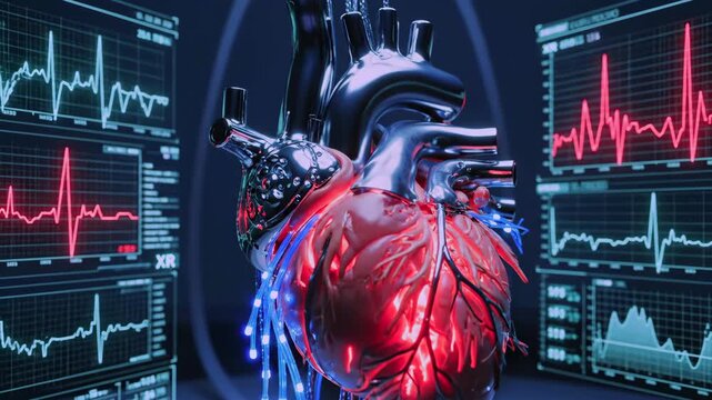 realtime heart monitoring across consoles with multilead ecg and red blue display, pulsing organ visualized with telemetry overlays, clinical intensity of operating theater, continuous