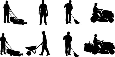 Garden worker silhouettes set, landscaping and lawn care activities, people with tools equipment, black and white outdoor service vector illustration © Sarsoti