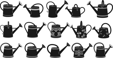 Garden watering can silhouettes set, vintage and modern plant watering cans collection, black vector illustration for gardening tools, landscaping, agriculture design © Sarsoti