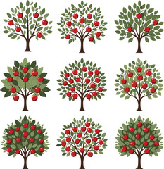 Colorful vector set of nine apple trees with ripe red fruit and green leaves for agriculture farming orchard harvesting and healthy food branding illustration