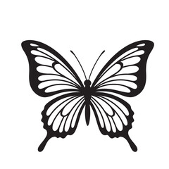Black and white line art illustration of a butterfly with symmetrical wings. Elegant hand-drawn insect design isolated on light background.