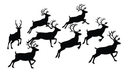 Seven black reindeer running in a line isolated on white background, Vector © MDRian