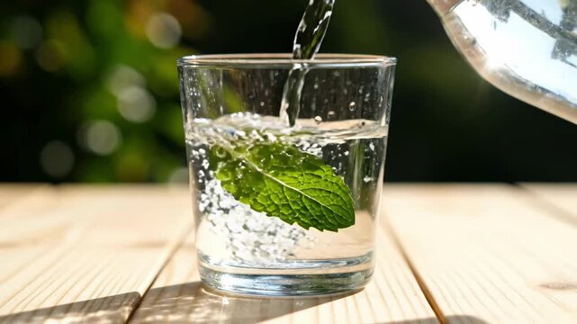 Fresh water being poured into a glass with a mint leaf on a wooden table.
