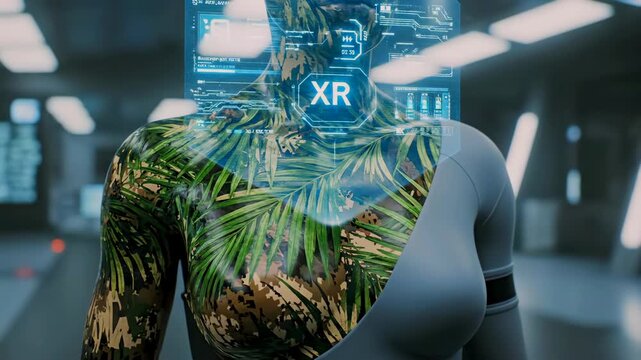 Woman body transitioning into biodigital skin with glowing circuits and leaf textures, lab environment shows prototype synthesis and organic overlay during transformation