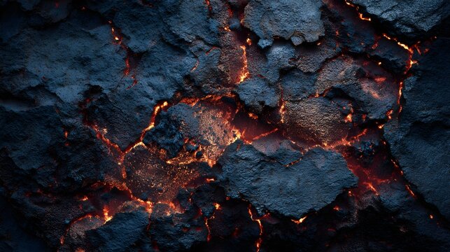 Detailed macro texture of glowing molten lava in dark volcanic rock cracks