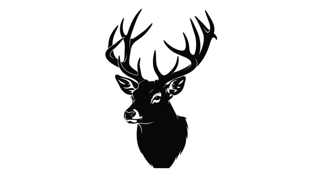 A black silhouette of a deer head with antlers isolated on white background, Vector