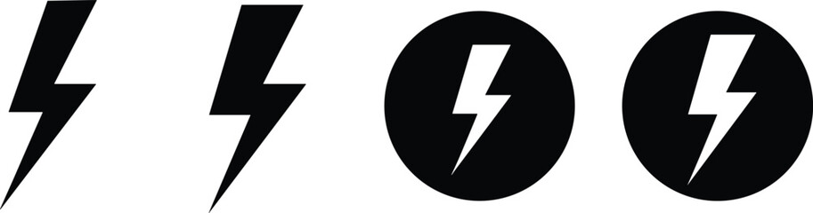 Lightning bolt vector icons set, featuring power symbols, electric energy sparks, flash charging signs, thunderbolt silhouettes, and weather storm elements,