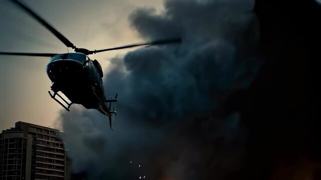 Helicopter escaping from the explosion in city with fire and debris during action movie scene