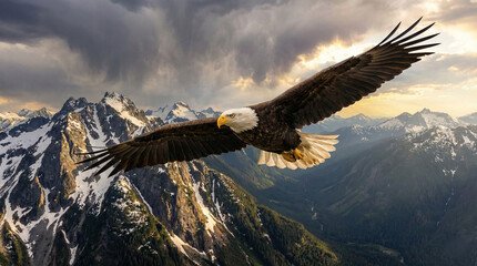 Obraz premium Majestic Bald Eagle soaring over snow-capped mountain peaks during golden hour sunset, powerful bird of prey in flight with wings spread wide against a dramatic sky, wildlife photography.