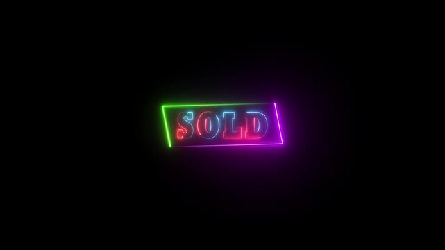 Neon glowing sold text icon animation clipboard text letter font text template footage on black background