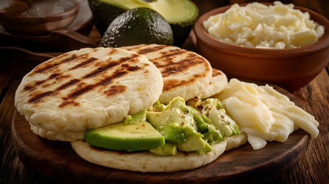 Grilled arepas stuffed with avocado and cheese food