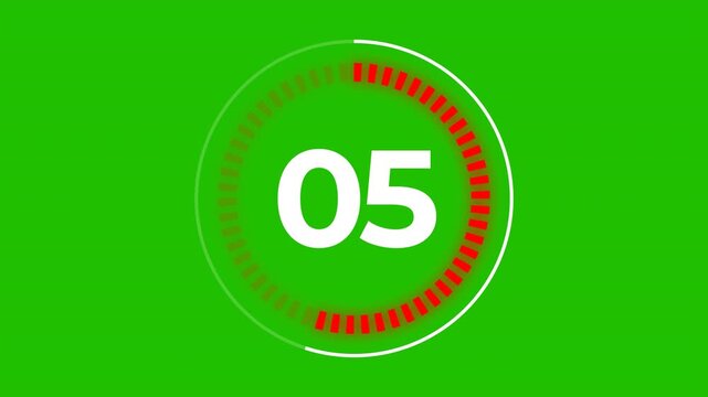 A minimalist 10 second countdown timer animation featuring a bright green screen background for easy chroma key removal. High quality 4K resolution digital numbers counting down from ten to zero for v