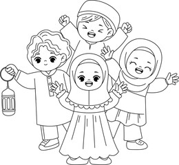 cute muslim kid lineart outline coloring worksheet printable