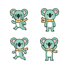 Cute cartoon koala with different emotions wearing a scarf