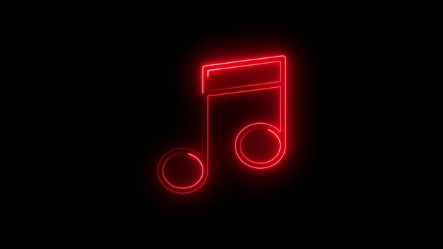 Red neon music note icon glowing on a solid black background, vibrant musical eighth note symbol for entertainment and nightlife concepts