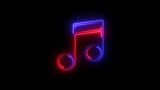 Vibrant Neon Glowing Musical Note Icon with Blue and Red Light Effects on Black Background - Minimalist Digital Illustration for Music and Audio Entertainment Concepts
