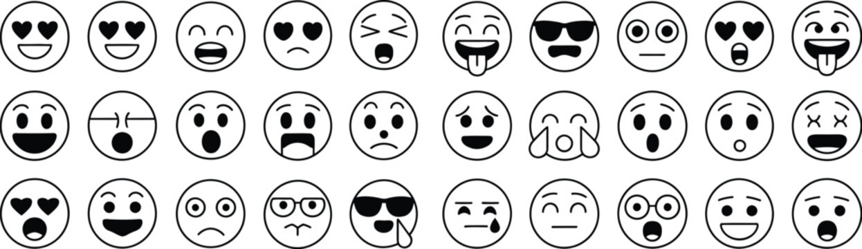 Set of black and white emoji icons featuring various facial expressions and emotions isolated on white background for digital communication.
