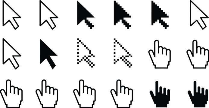 Set of black and white computer cursor icons including arrow pointers and hand clicking symbols isolated on white background vectors.