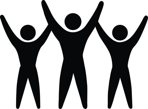 Three silhouetted figures with arms raised in a celebratory gesture