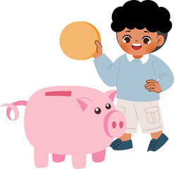 kid saving coins on coin bank financial management