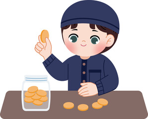 kid saving coins on coin bank financial management