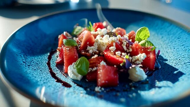 A refreshing salad of juicy tomatoes and crumbled feta cheese, garnished with fresh basil leaves and a drizzle of balsamic glaze, artfully presented on a deep blue ceramic plate