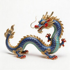 Fototapeta premium Curved dragon decorative sculpture in enamel style, ultra detailed gold filigree, isolated on pure white background, clean stock style lighting 