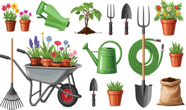 Gardening Tools and Plants Set with Wheelbarrow Watering Can Shovel Rake Pots and Flowers for Garden Care Landscaping and Home Farming Illustration