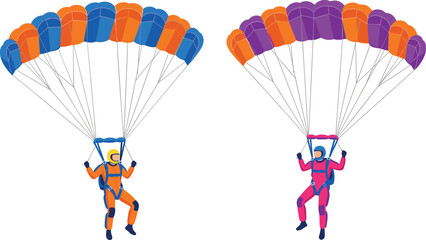 Skydivers Parachuting With Colorful Parachutes Extreme Sport Adventure Illustration Set © Sanjida
