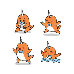 Cartoon narwhal characters in different poses with bow ties on white background © Mst