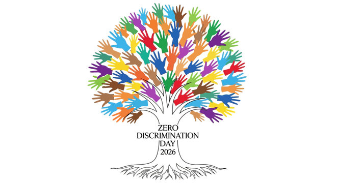 A colorful tree illustration with diverse leaves and the text 'Zero Discrimination Day 2026' on a white background, symbolizing equality and social inclusion for Zero Discrimination Day on