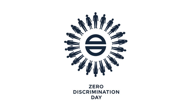 Illustration of a diverse group of people forming a circle around an equality symbol on Zero Discrimination Day, promoting social inclusion and anti-discrimination awareness with a bold