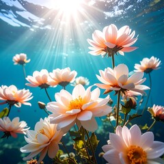 Vibrant pink flowers bloom underwater with sunlight filtering through