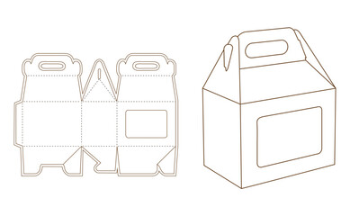 Brown line drawing of cardboard box with handle and folded template