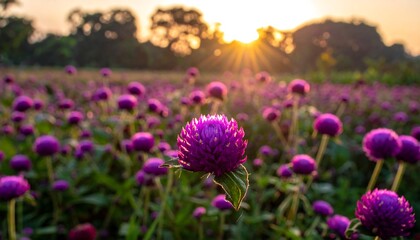 Vibrant purple flowers in a serene field at sunset