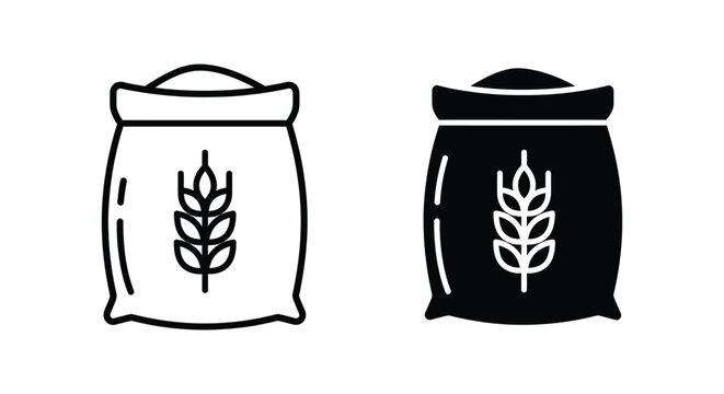 Minimalist vector icons of flour sacks with wheat ear symbols, representing organic grain storage and agricultural harvest for bakery and food industry design.