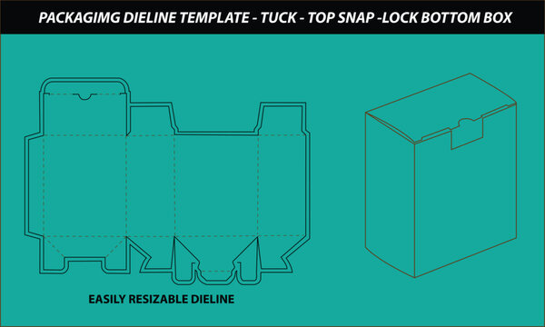 Packaging die line template for tuck top snap lock bottom box design