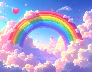 Vibrant rainbow in cloudy sky with heart shapes