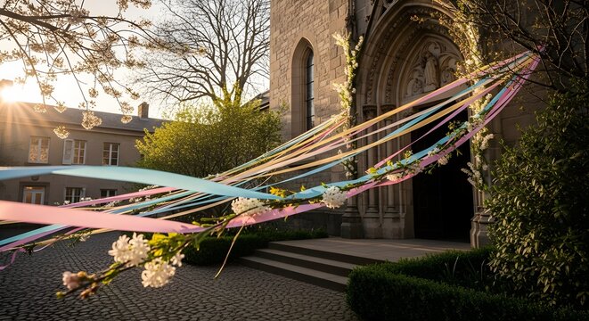 Colorful ribbons and blossoming branches decorate the entrance to a historic stone church in springtime sunlight.