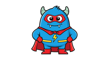 Fototapeta premium Cute Blue Superhero Monster with Red Cape, Mask, and Lightning Bolt Emblem