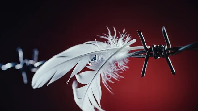 White feather caught in barbed wire against red background.