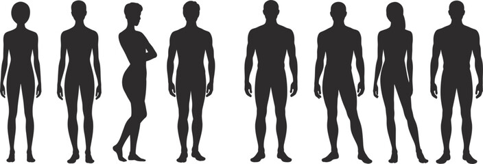 Collection of diverse male and female human silhouettes in various poses Keywords: people, human, man, male, woman, female