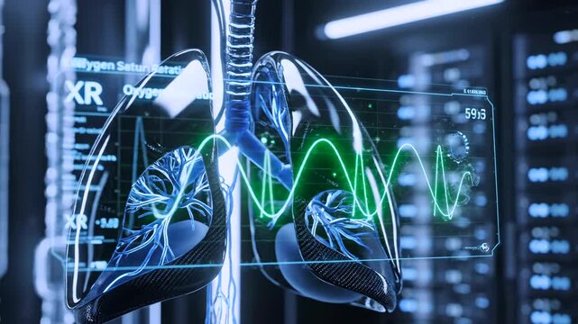 transparent lungs with live blue waveform overlay and oxygen saturation trace, server bank backdrop suggests telemetric analytics, real time monitoring for respiratory technician training