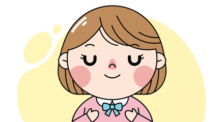 Fototapeta premium Cute cartoon girl with closed eyes smiling, peaceful and happy, pink dress, yellow background