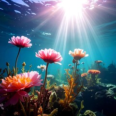 Vibrant underwater scene with sunbeams shining on pink and orange flowers